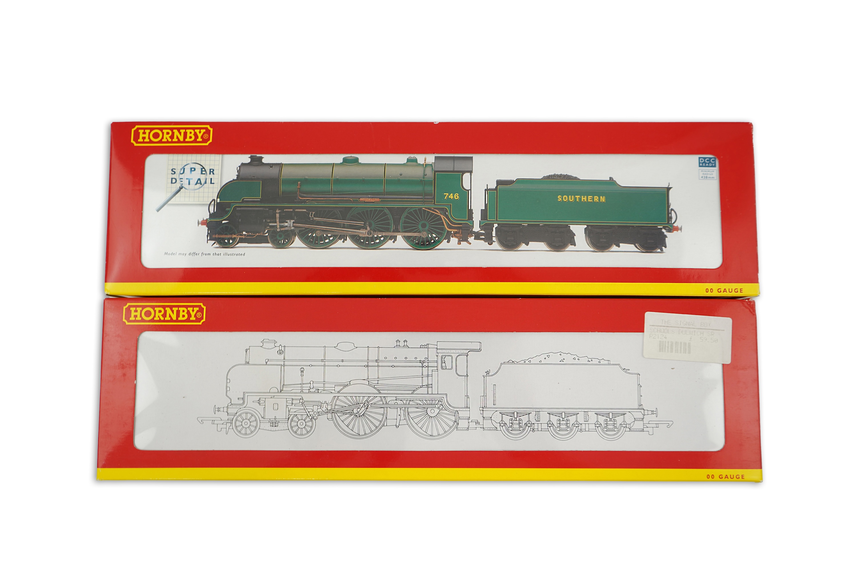 Two boxed Hornby Hobbies 00 gauge railway Southern Railway tender locomotives; a Schools Class, Dulwich 907, (R2124), together with a class N15, Pendragon 746, (R2620)